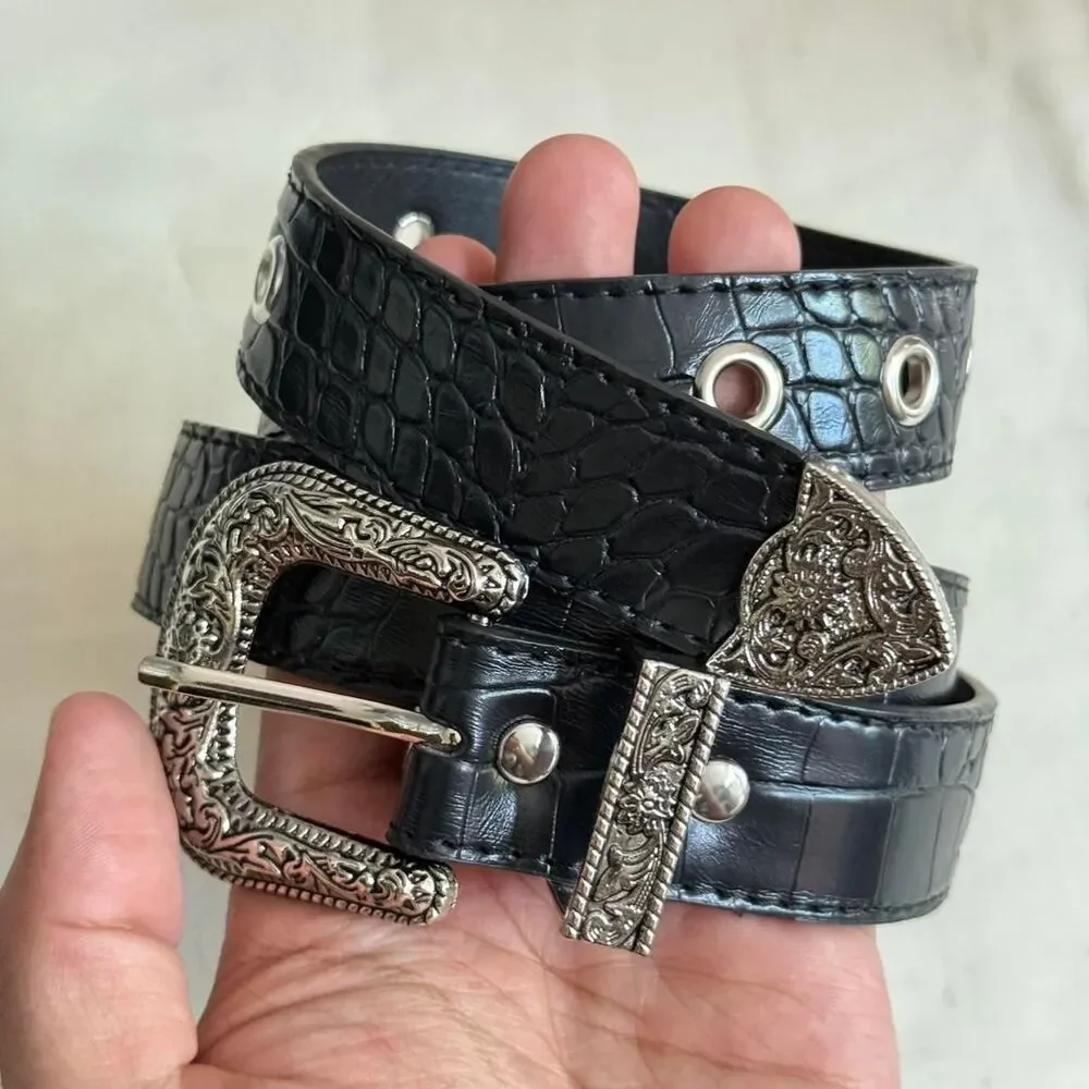 y2k style american western boho black snakeskin reptile belt